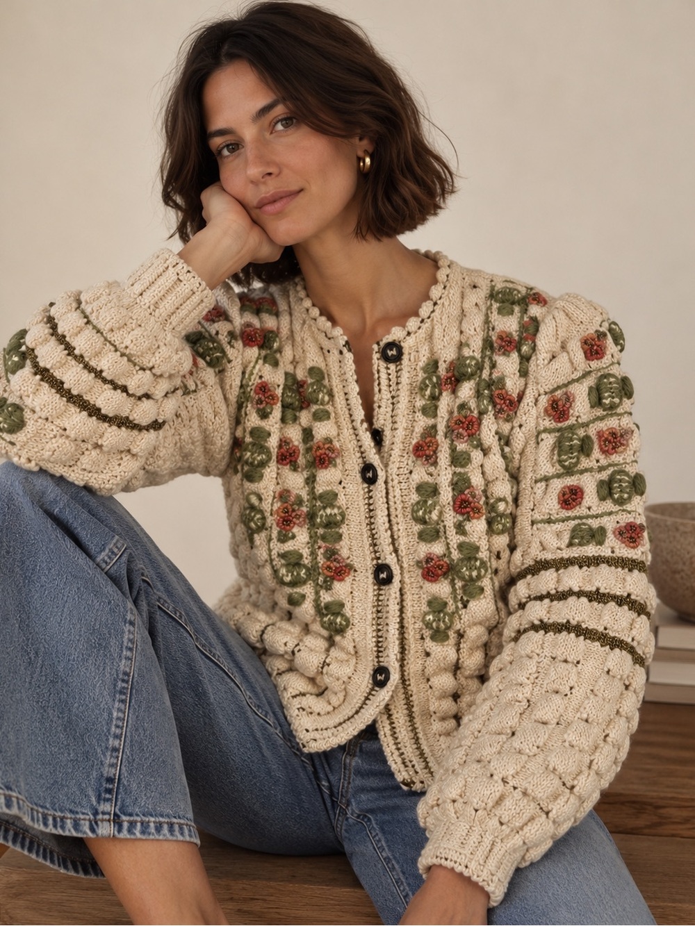 Hand-Knit Cream Floral Button-Front Sweater Cardigan